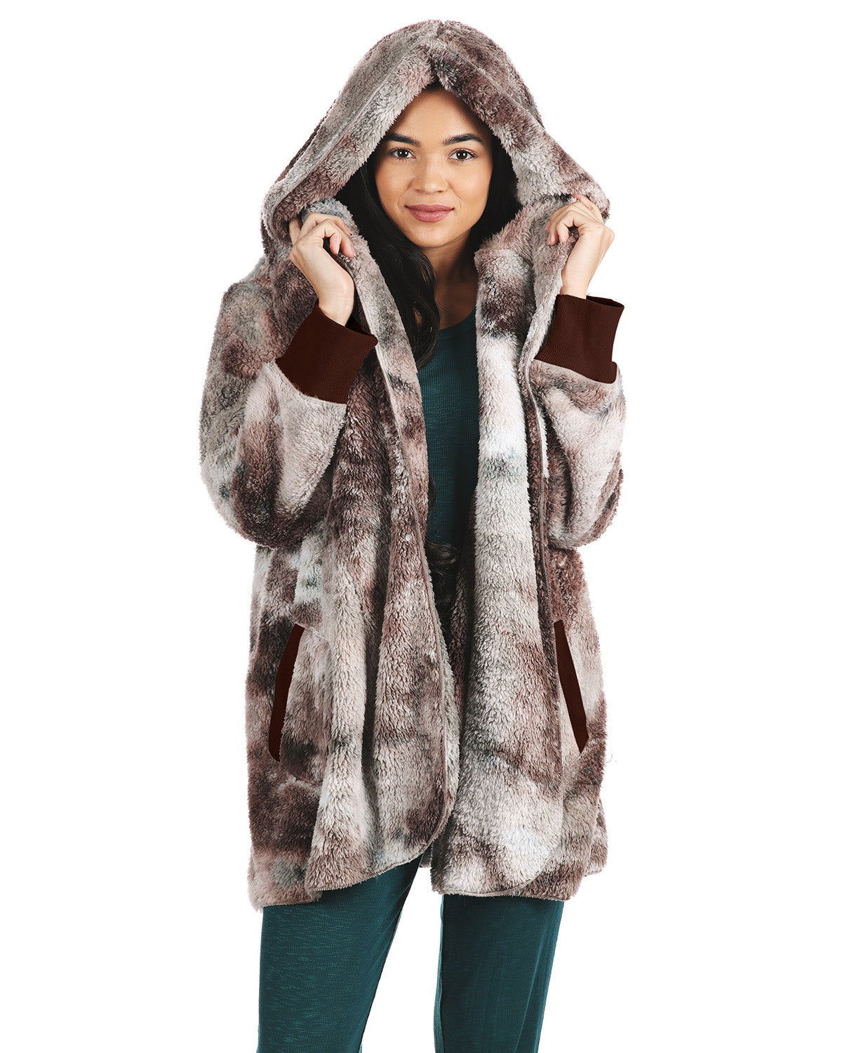 Women's Tie Dye Plush Hooded Cardigan Sweater : Color: Multi