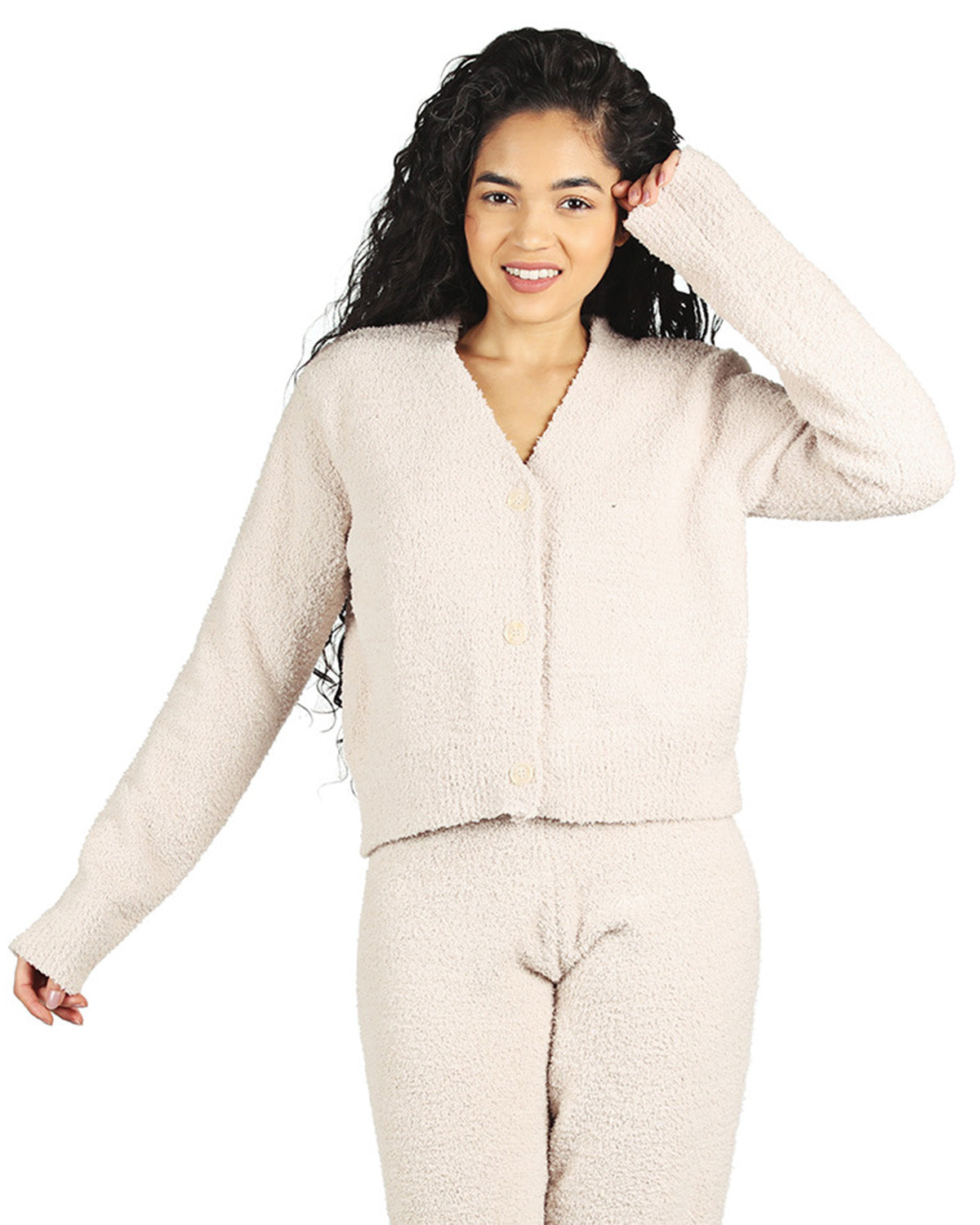 Women's Cozy Knit V-Neck Button-Down Cardigan Sweater : Color: Almond