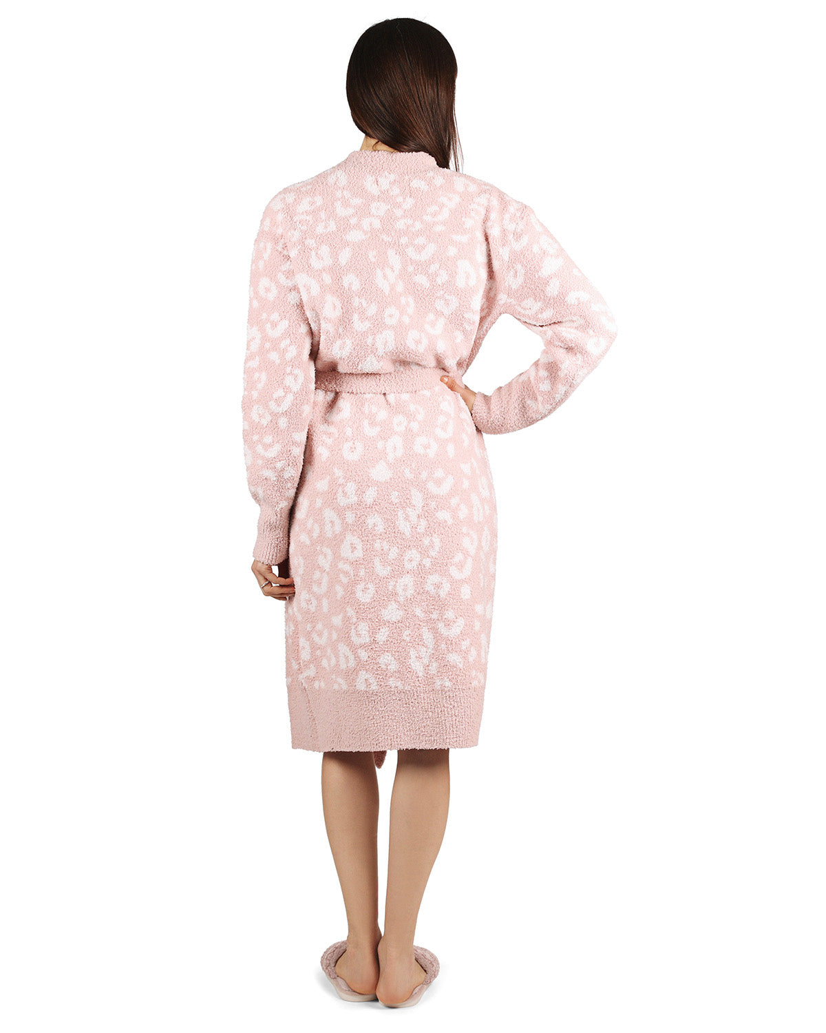 Women's Leopard Print Cozy Knit Short Long-Sleeve Robe : Color: Pink-Ivory