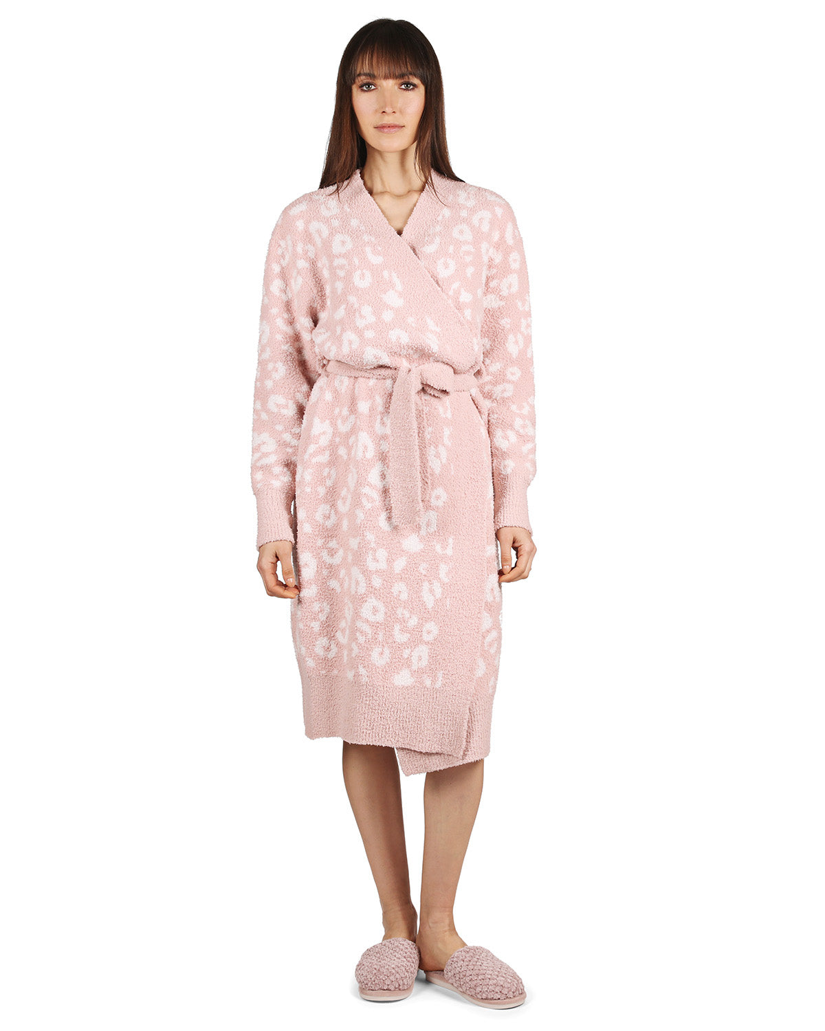 Women's Leopard Print Cozy Knit Short Long-Sleeve Robe : Color: Pink-Ivory