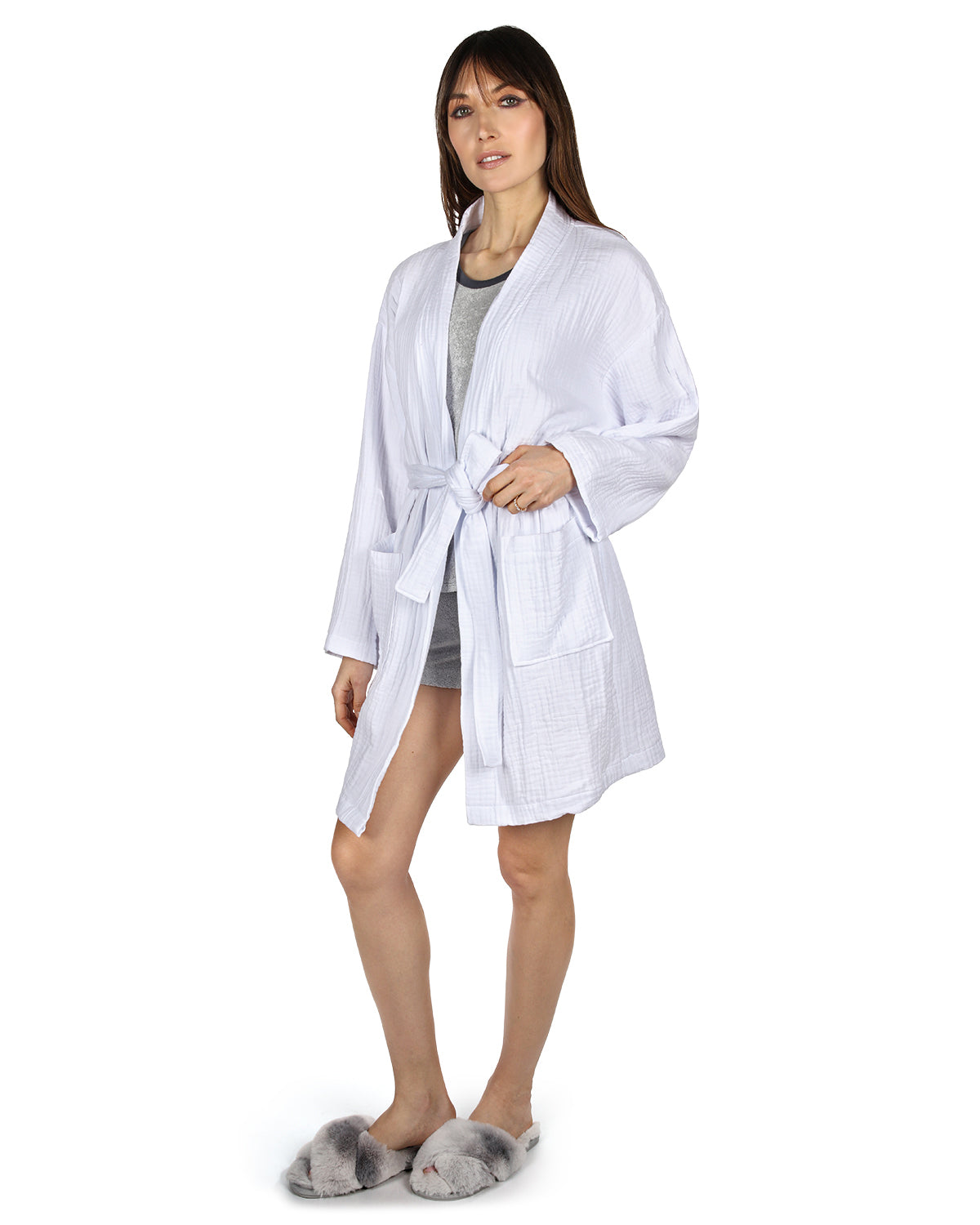 Women's 100% Cotton Woven Gauze Short Kimono Robe : Color: White