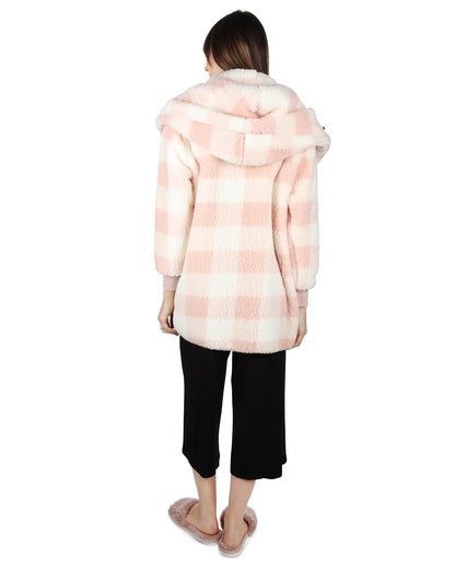 Women's Plaid Plush Hooded Cardigan : Color: Blush