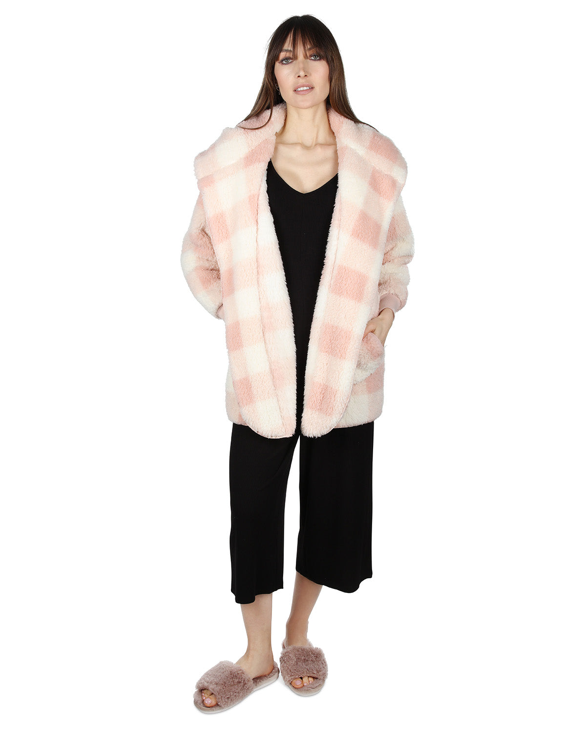 Women's Plaid Plush Hooded Cardigan : Color: Blush