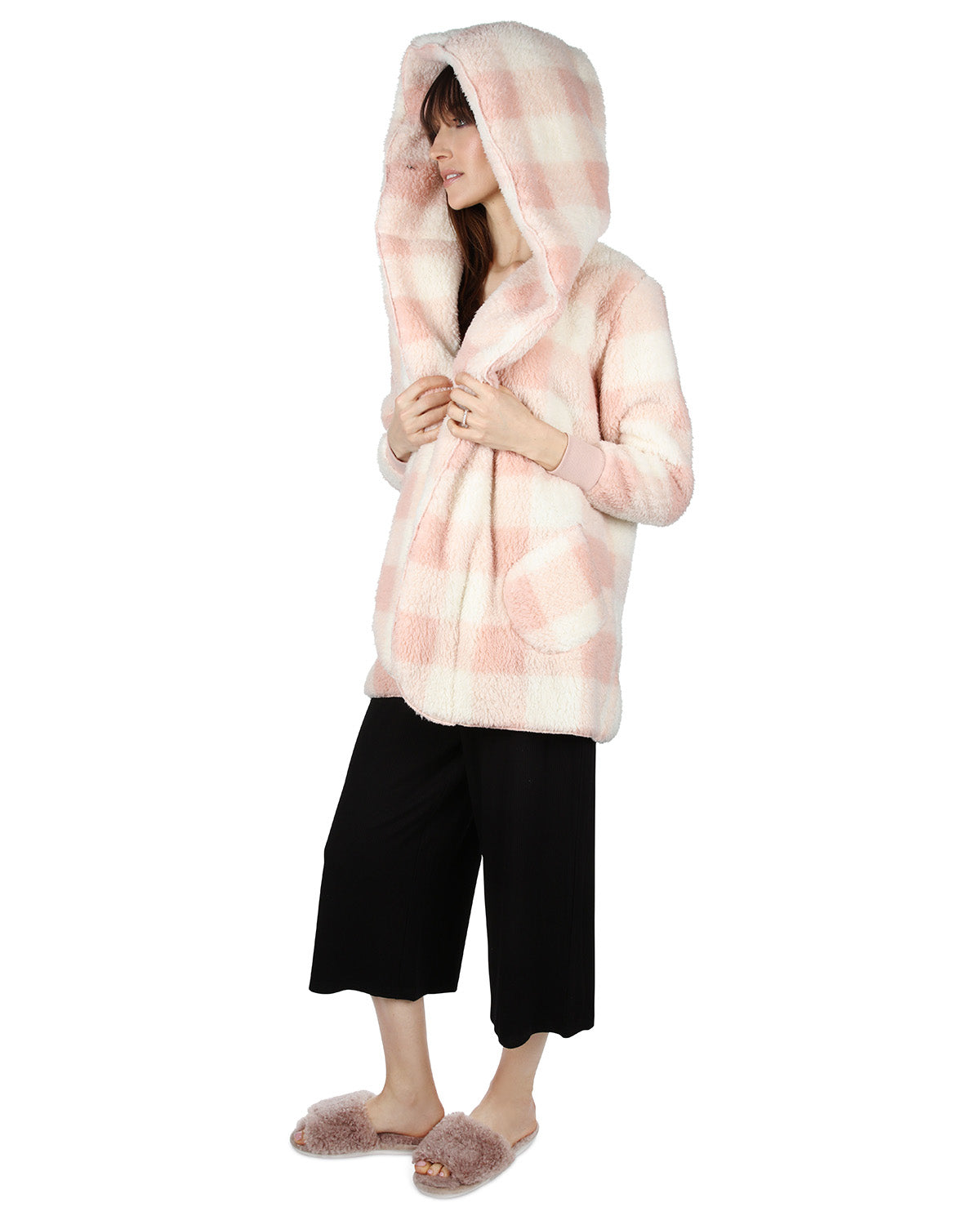 Women's Plaid Plush Hooded Cardigan : Color: Blush