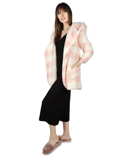 Women's Plaid Plush Hooded Cardigan : Color: Blush