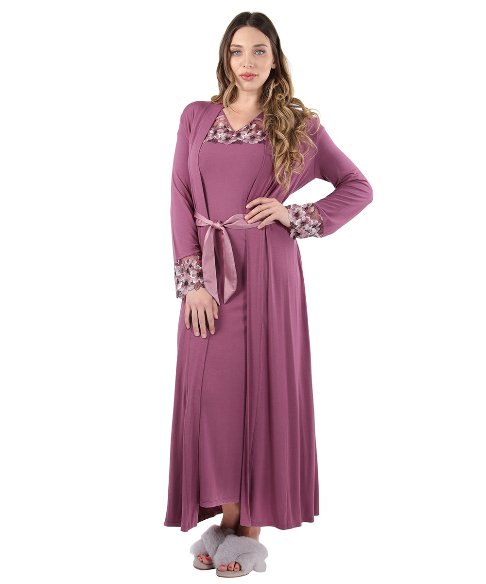 Women's Enchanted Romance Floral Embroidered Full Length Robe : Color: Tulipwood