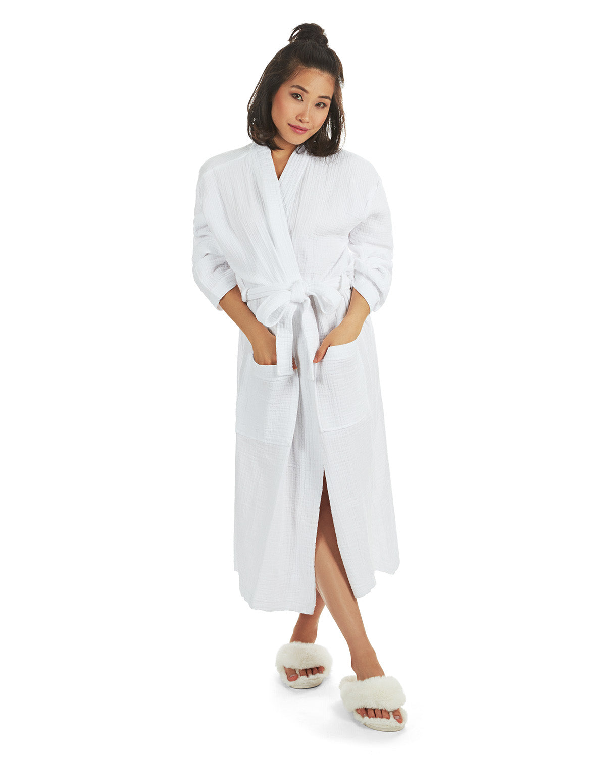 Women's 100% Cotton Woven Gauze Spa-Style Kimono Robe : Color: White