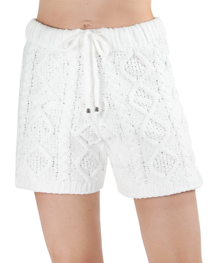 Women's Marshmallow Soft Cable Knit Drawstring Shorts : Color: White