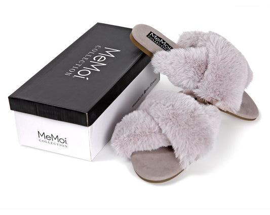 Women's The Adela Mule Hard Criss-Cross Faux Fur Sole Slippers : Color: Gray