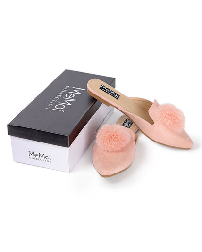 Women's The Vida Mule Hard Sole Furry Pom-Pom Slippers : Color: Blush Pink