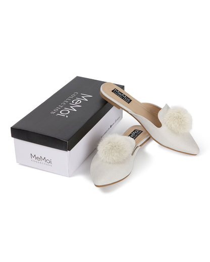 Women's The Vida Mule Hard Sole Furry Pom-Pom Slippers : Color: Ivory