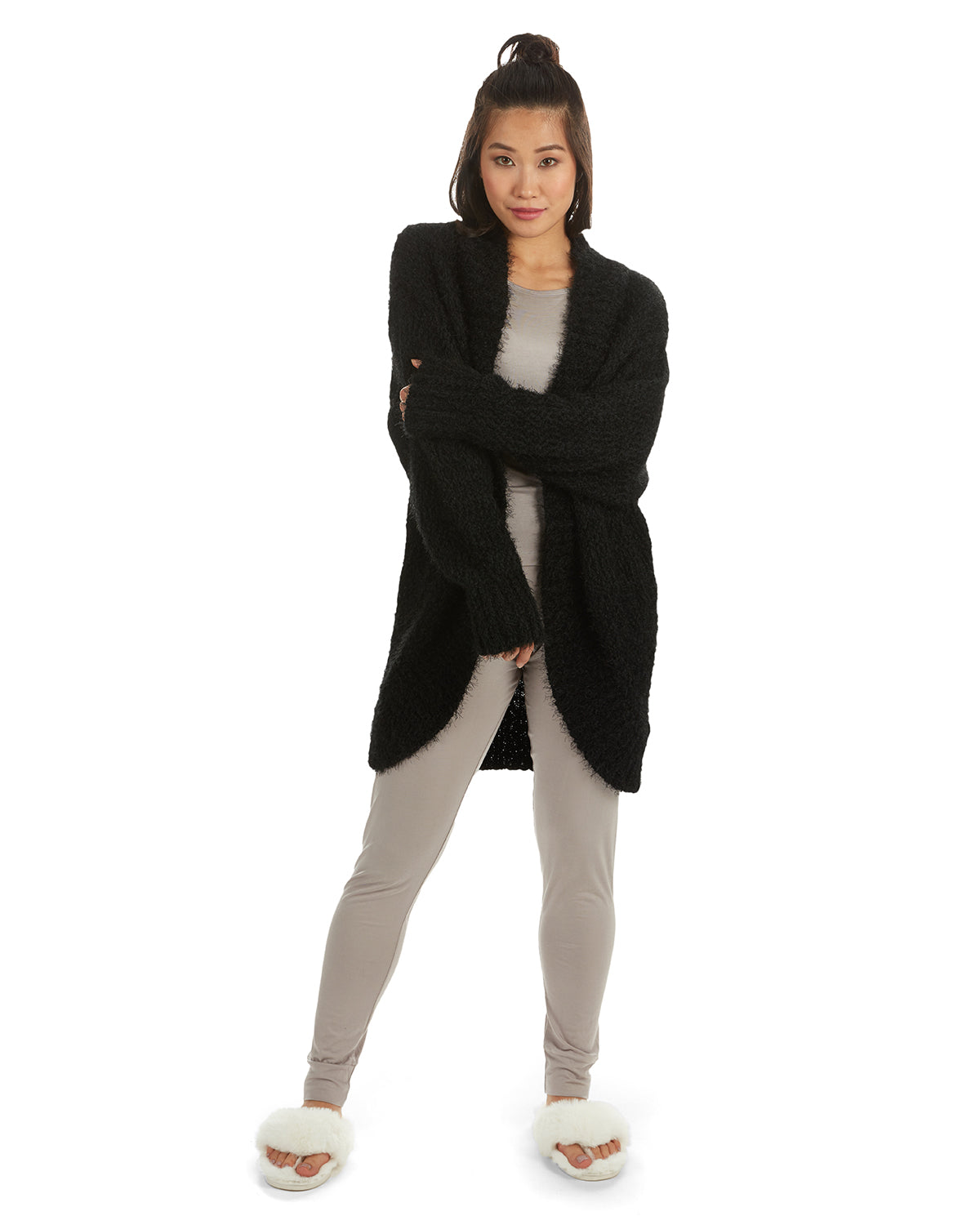 Women's Fuzzy Cocoon Loose Open-Front Cardigan Sweater : Color: Black