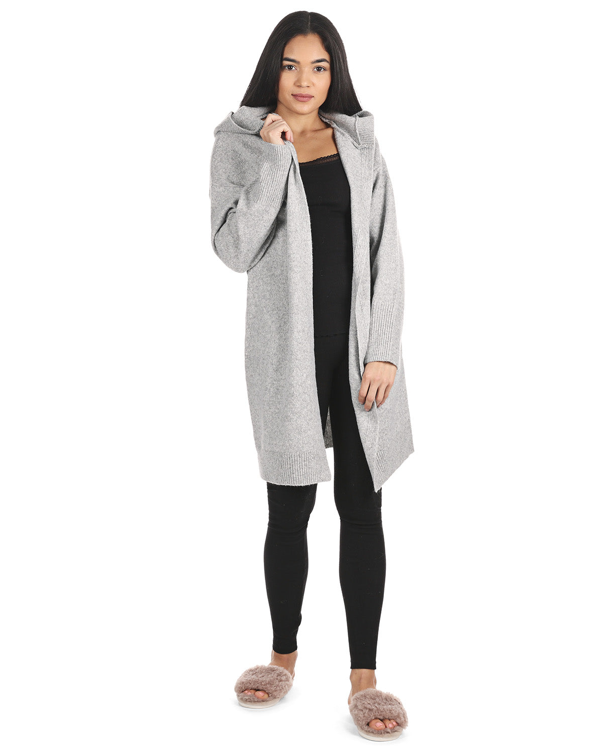 Women's Sweater Knit Hooded Open-Front Cardigan Sweater : Color: Light Gray Heather