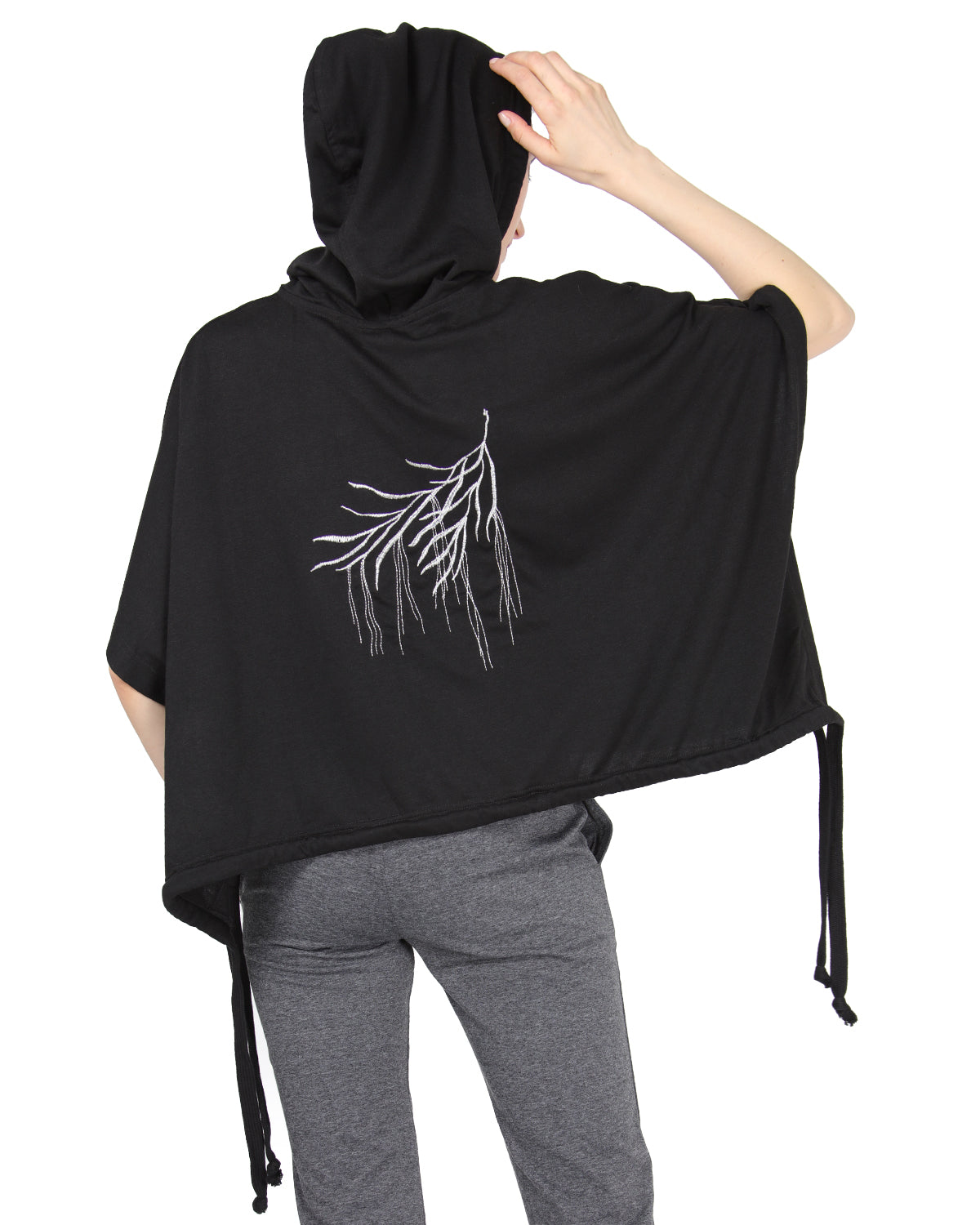 Women's Hooded Cotton Blend Cape with Tie Detail and Embroidery : Color: Limo Black