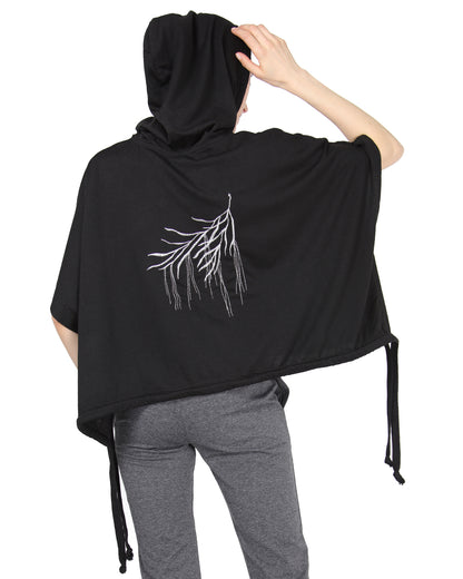 Women's Hooded Cotton Blend Cape with Tie Detail and Embroidery : Color: Limo Black