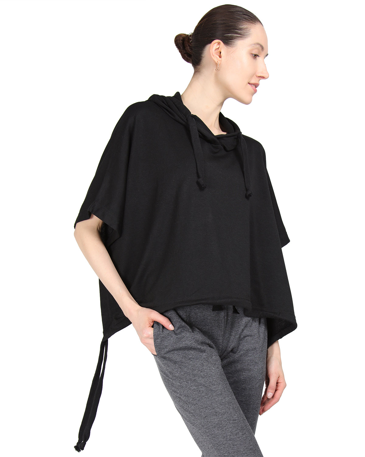 Women's Hooded Cotton Blend Cape with Tie Detail and Embroidery : Color: Limo Black