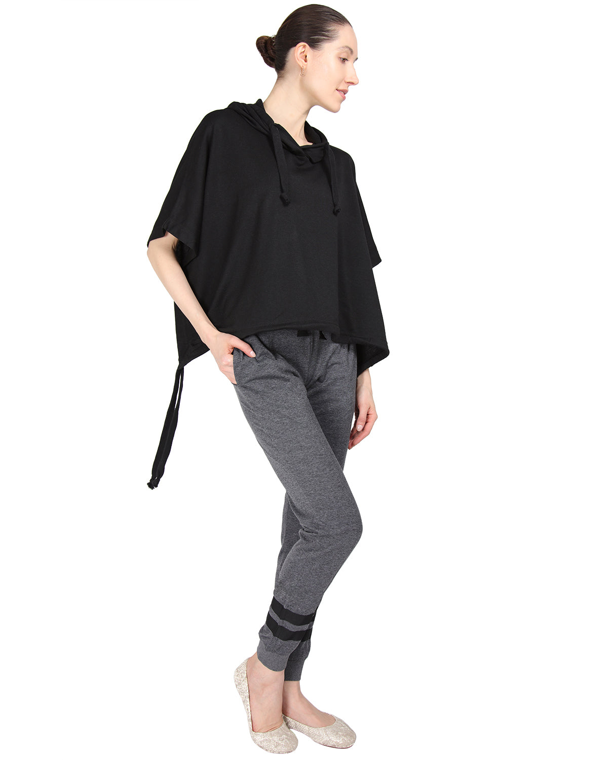 Women's Hooded Cotton Blend Cape with Tie Detail and Embroidery : Color: Limo Black