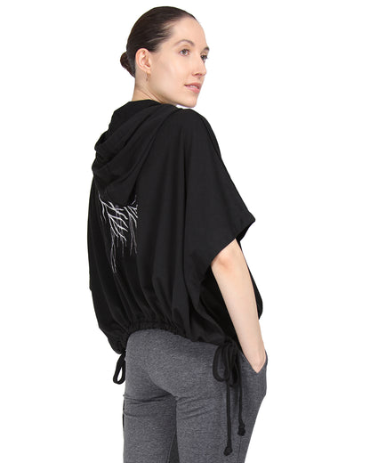 Women's Hooded Cotton Blend Cape with Tie Detail and Embroidery : Color: Limo Black