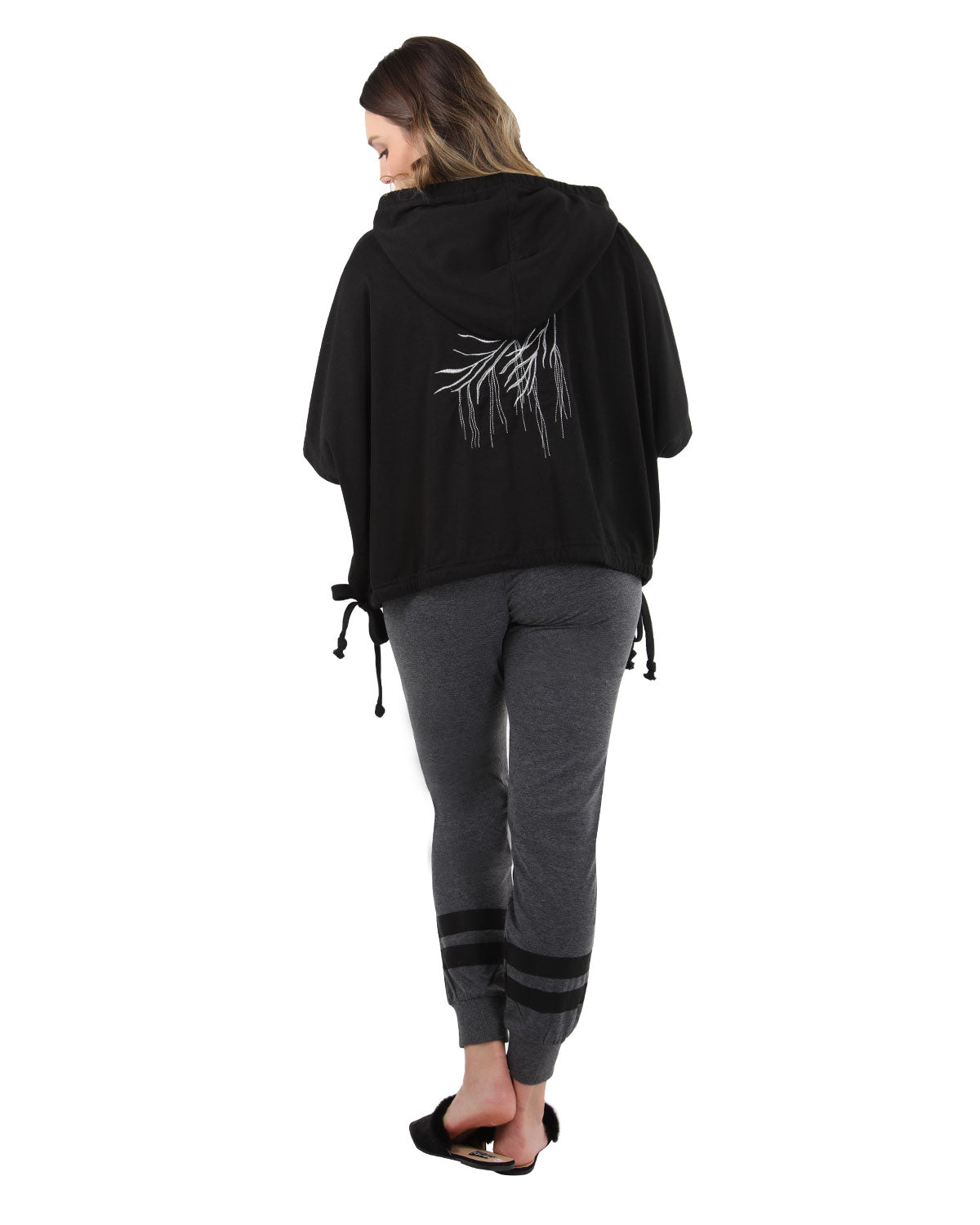 Women's Hooded Cotton Blend Cape with Tie Detail and Embroidery : Color: Limo Black
