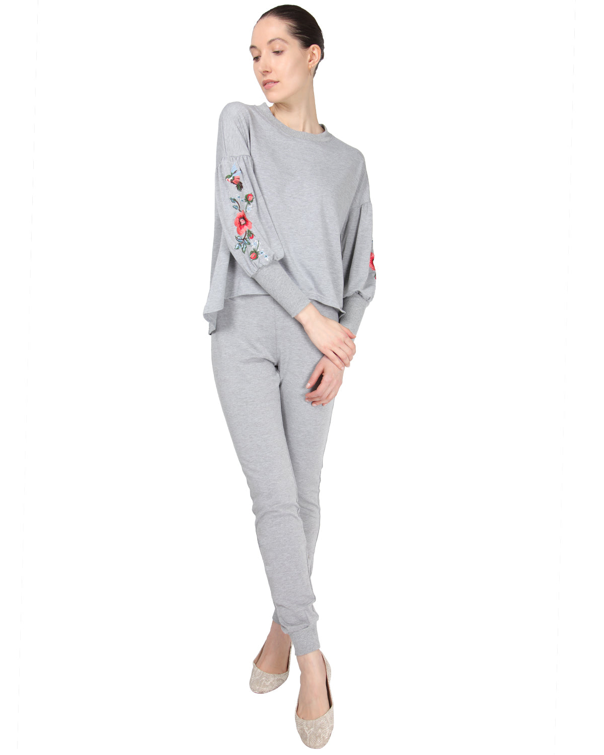 Women's Oversized Dropped Sleeve Top with Ribbed Cuff and Embroidery : Color: Gray Heather