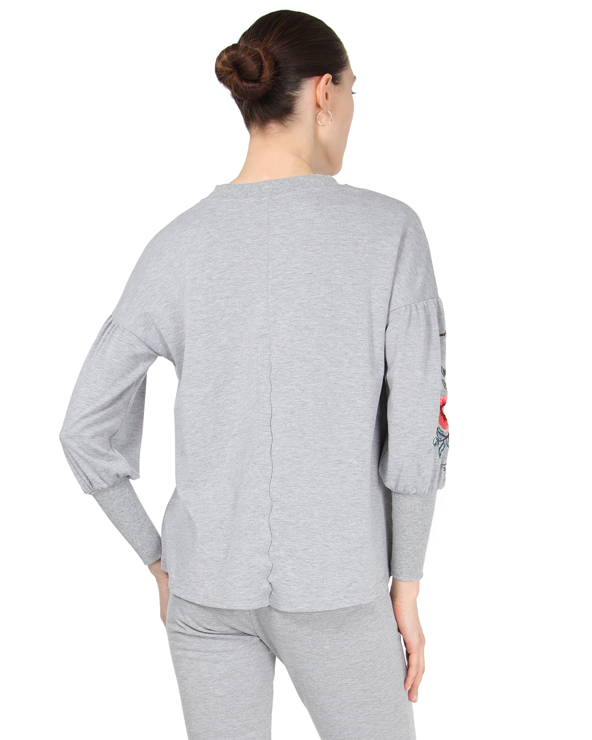 Women's Oversized Dropped Sleeve Top with Ribbed Cuff and Embroidery : Color: Gray Heather