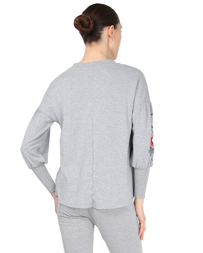 Women's Oversized Dropped Sleeve Top with Ribbed Cuff and Embroidery : Color: Gray Heather