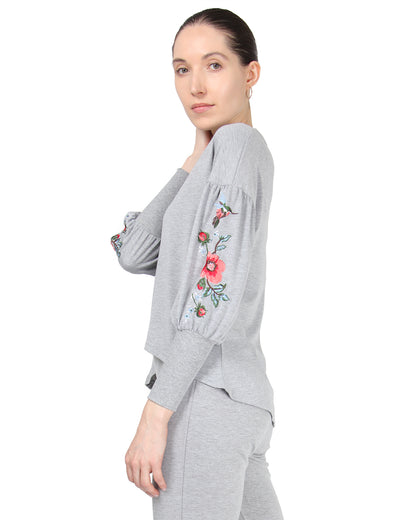 Women's Oversized Dropped Sleeve Top with Ribbed Cuff and Embroidery : Color: Gray Heather