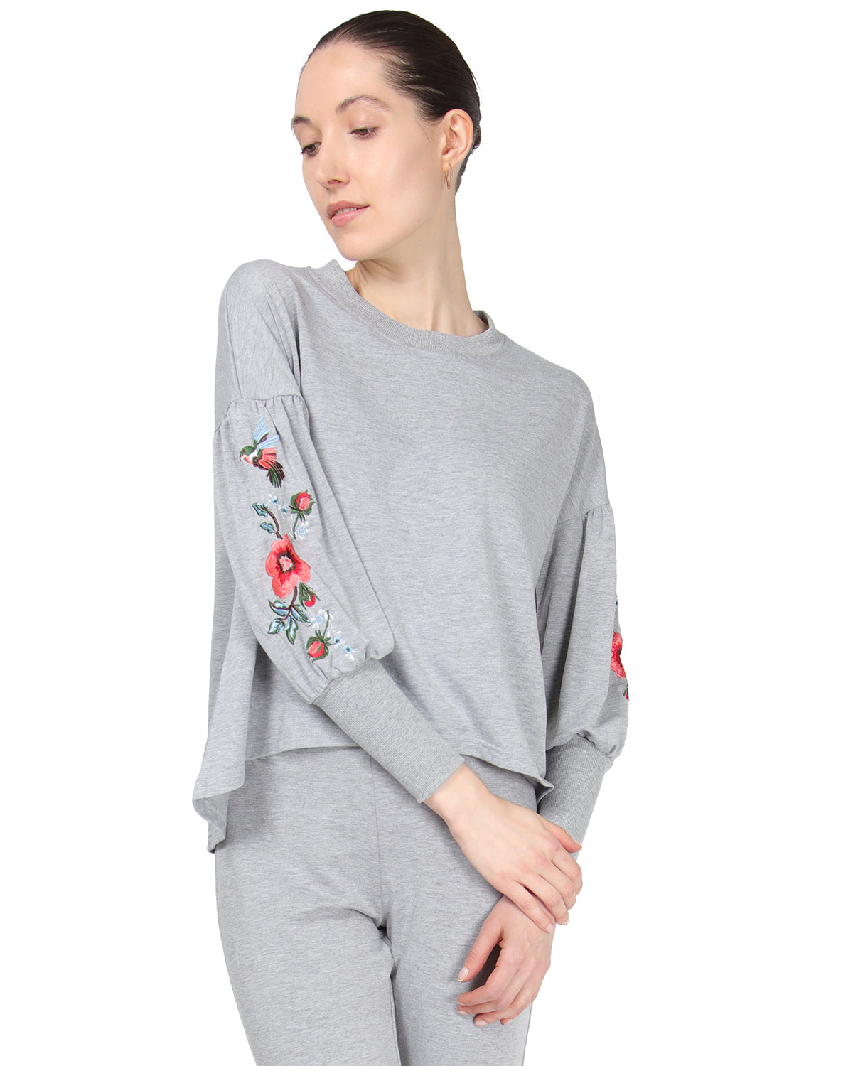 Women's Oversized Dropped Sleeve Top with Ribbed Cuff and Embroidery : Color: Gray Heather