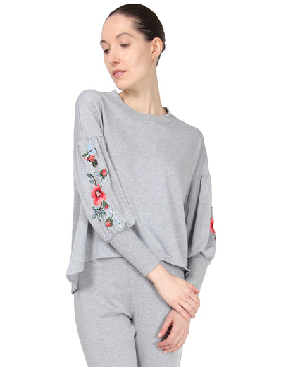 Women's Oversized Dropped Sleeve Top with Ribbed Cuff and Embroidery : Color: Gray Heather
