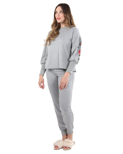 Women's Oversized Dropped Sleeve Top with Ribbed Cuff and Embroidery : Color: Gray Heather