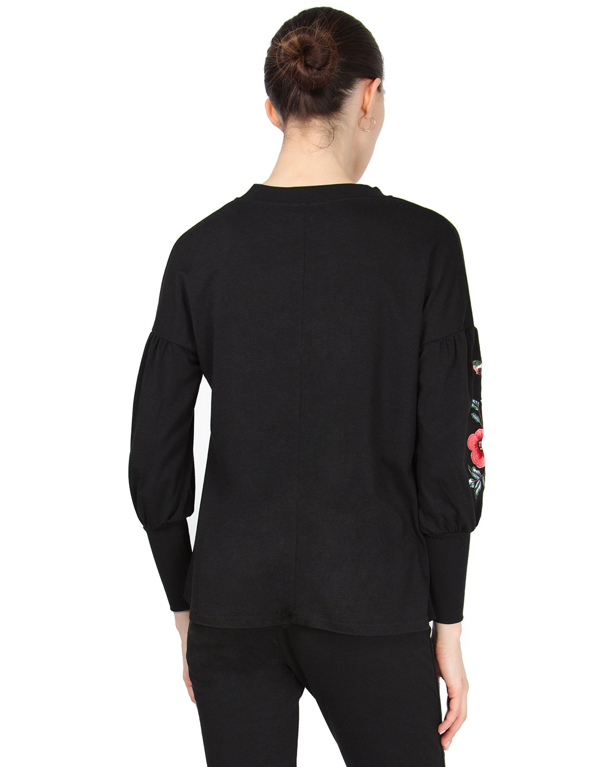 Women's Oversized Dropped Sleeve Top with Ribbed Cuff and Embroidery : Color: Limo Black