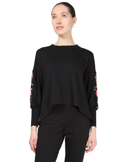 Women's Oversized Dropped Sleeve Top with Ribbed Cuff and Embroidery : Color: Limo Black