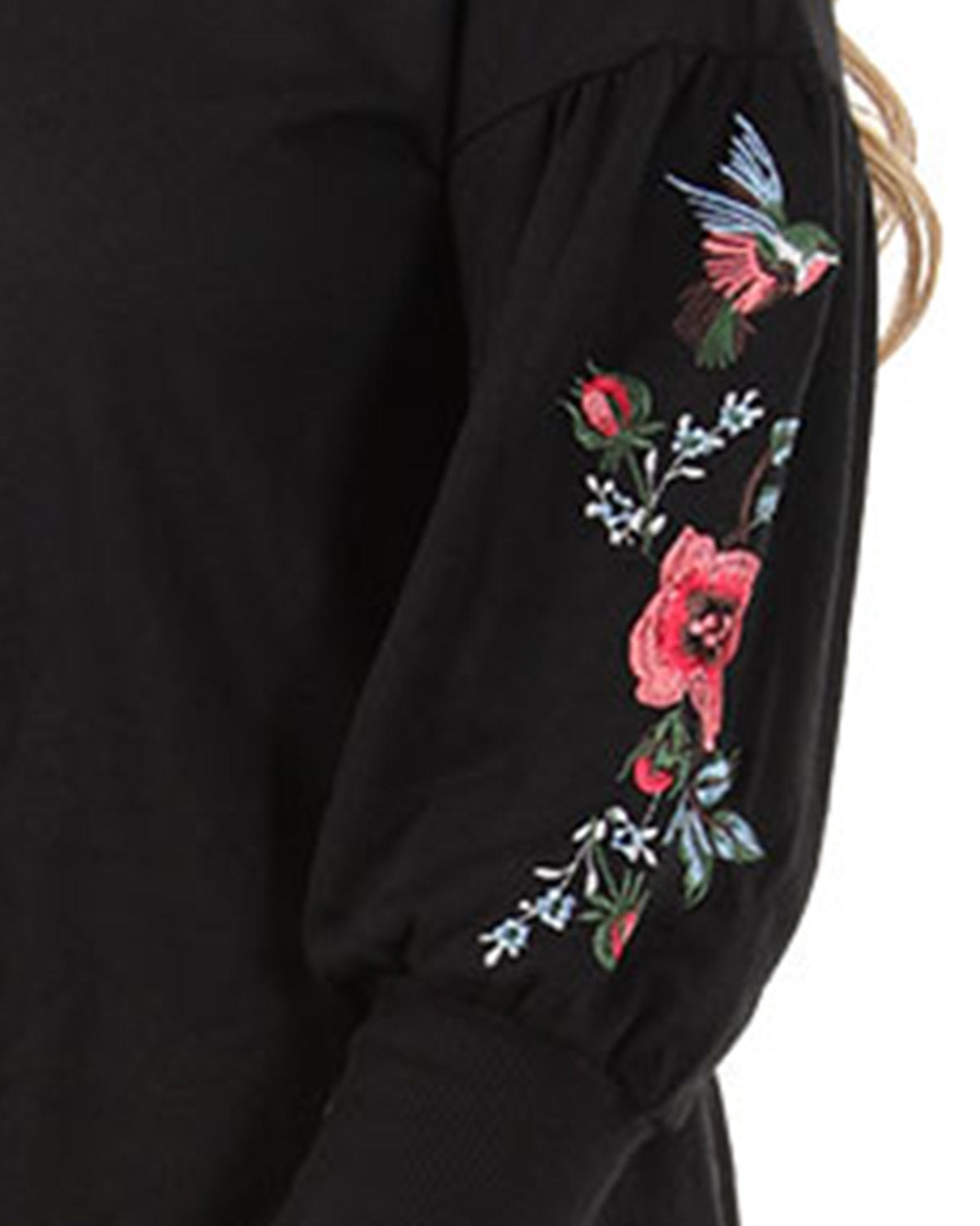 Women's Oversized Dropped Sleeve Top with Ribbed Cuff and Embroidery : Color: Limo Black