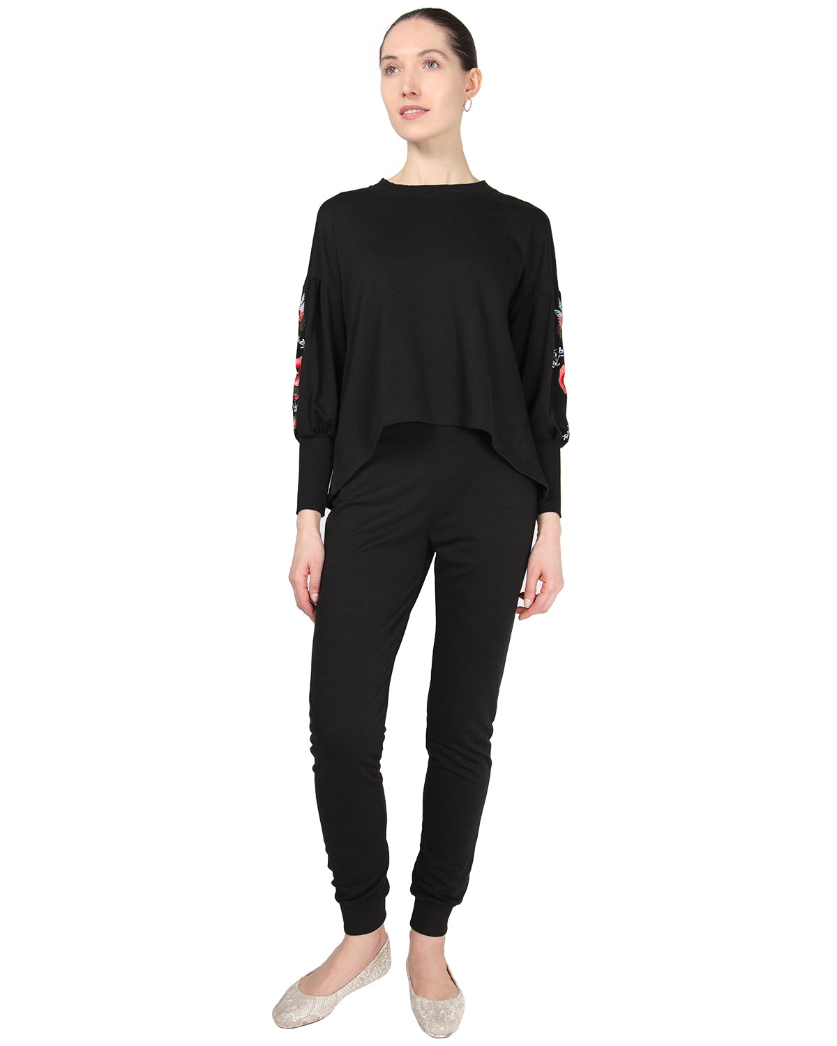 Women's Oversized Dropped Sleeve Top with Ribbed Cuff and Embroidery : Color: Limo Black