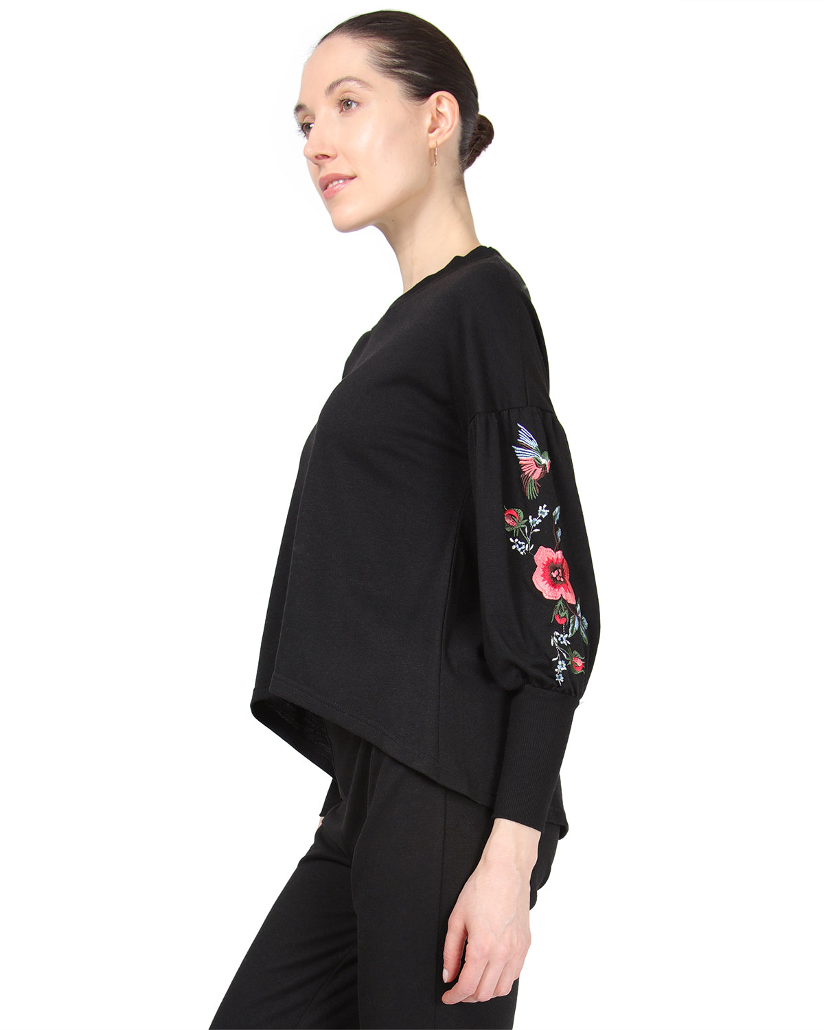 Women's Oversized Dropped Sleeve Top with Ribbed Cuff and Embroidery : Color: Limo Black