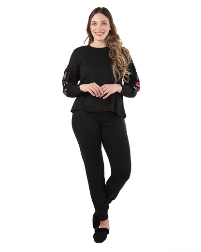 Women's Oversized Dropped Sleeve Top with Ribbed Cuff and Embroidery : Color: Limo Black