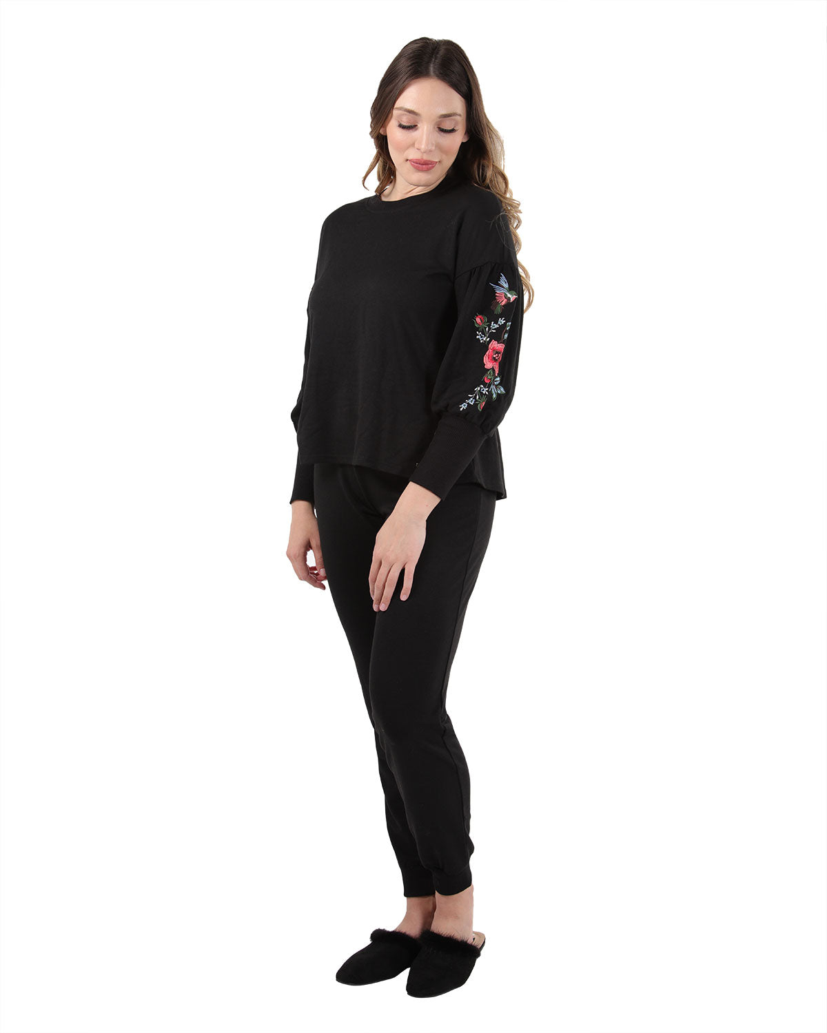 Women's Oversized Dropped Sleeve Top with Ribbed Cuff and Embroidery : Color: Limo Black