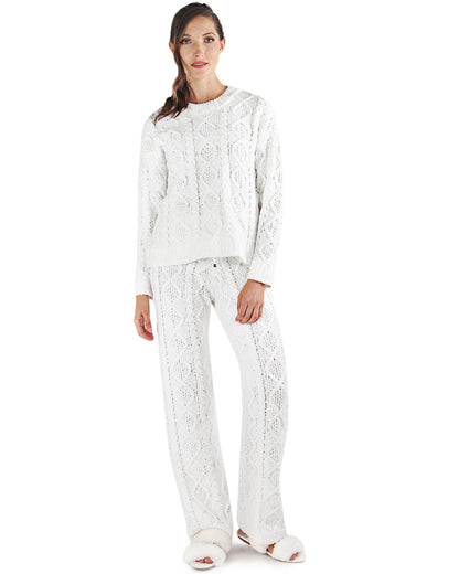 Women's Cable Knit Marshmallow Plush Drawstring Pants : Color: White