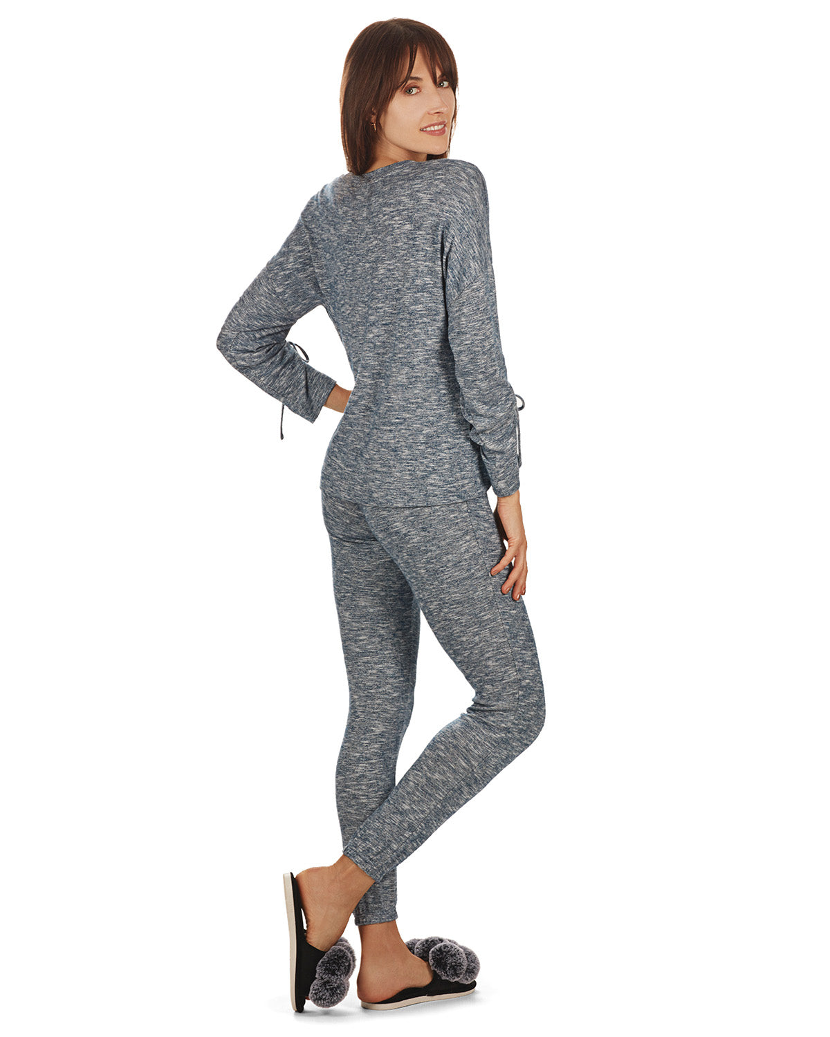 Women's Lounge Pull-Over Top with Ruched Tied Sleeves : Color: Ocean Navy