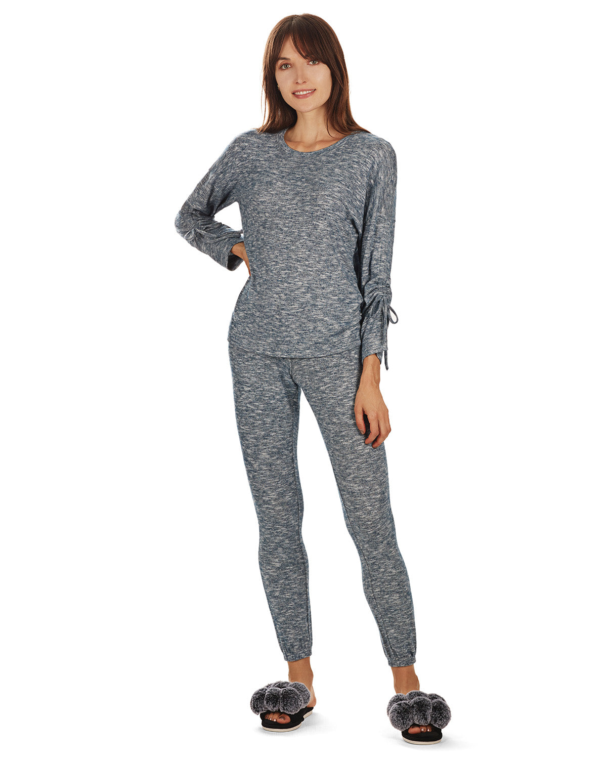 Women's Lounge Pull-Over Top with Ruched Tied Sleeves : Color: Ocean Navy