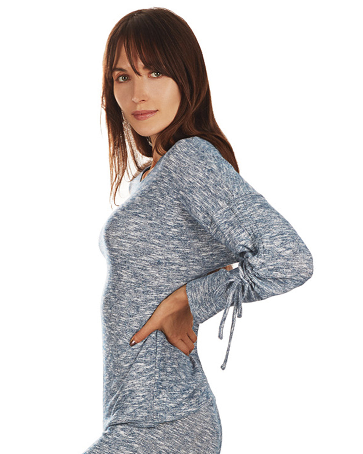 Women's Lounge Pull-Over Top with Ruched Tied Sleeves : Color: Ocean Navy