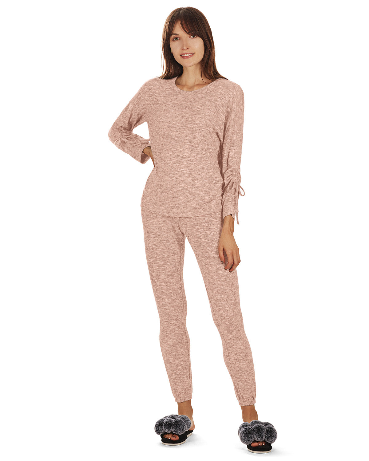 Women's Lounge Pull-Over Top with Ruched Tied Sleeves : Color: Pale Rose