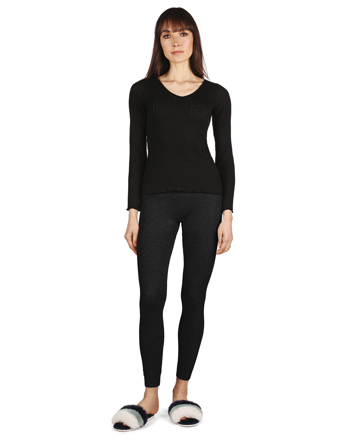 Women's Pointelle Rib Knit Seamless Long Sleeve Top : Color: Black