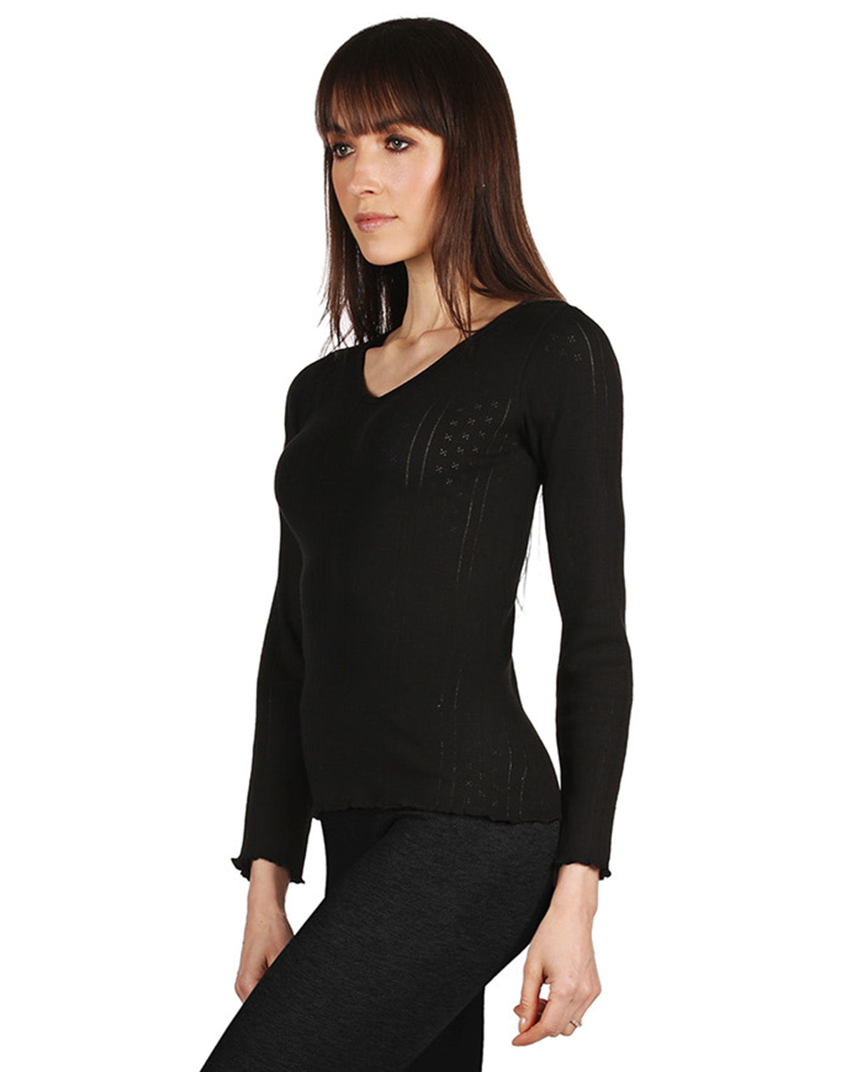 Women's Pointelle Rib Knit Seamless Long Sleeve Top : Color: Black