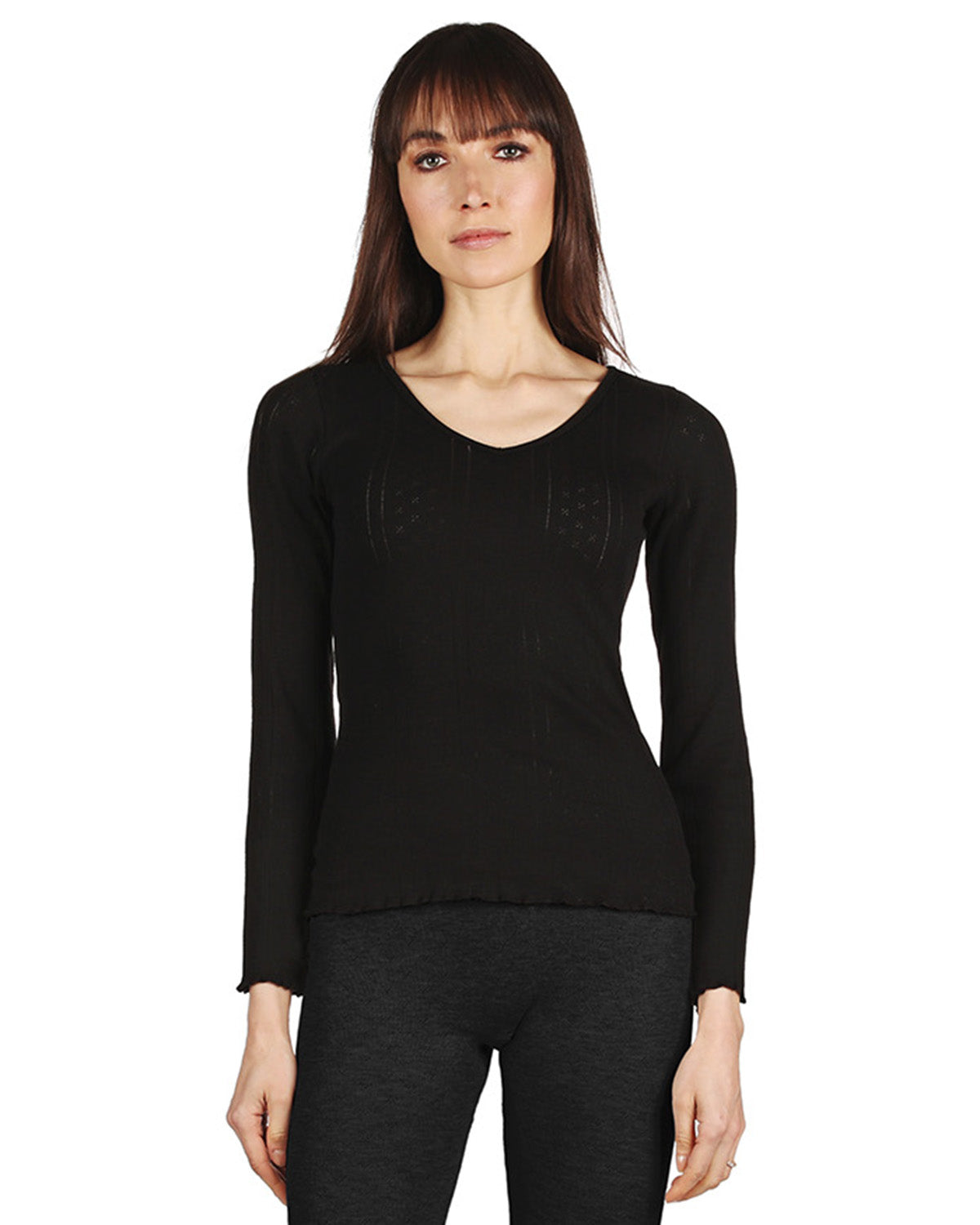 Women's Pointelle Rib Knit Seamless Long Sleeve Top : Color: Black