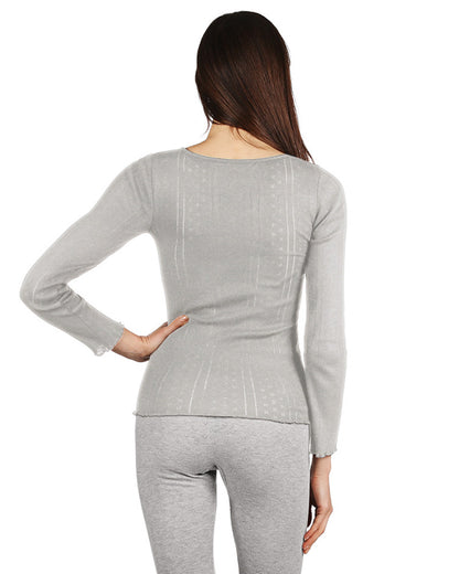 Women's Pointelle Rib Knit Seamless Long Sleeve Top : Color: Gray Heather