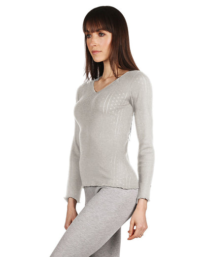Women's Pointelle Rib Knit Seamless Long Sleeve Top : Color: Gray Heather