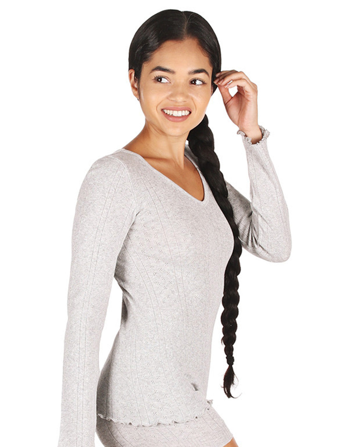 Women's Pointelle Rib Knit Seamless Long Sleeve Top : Color: Gray Heather