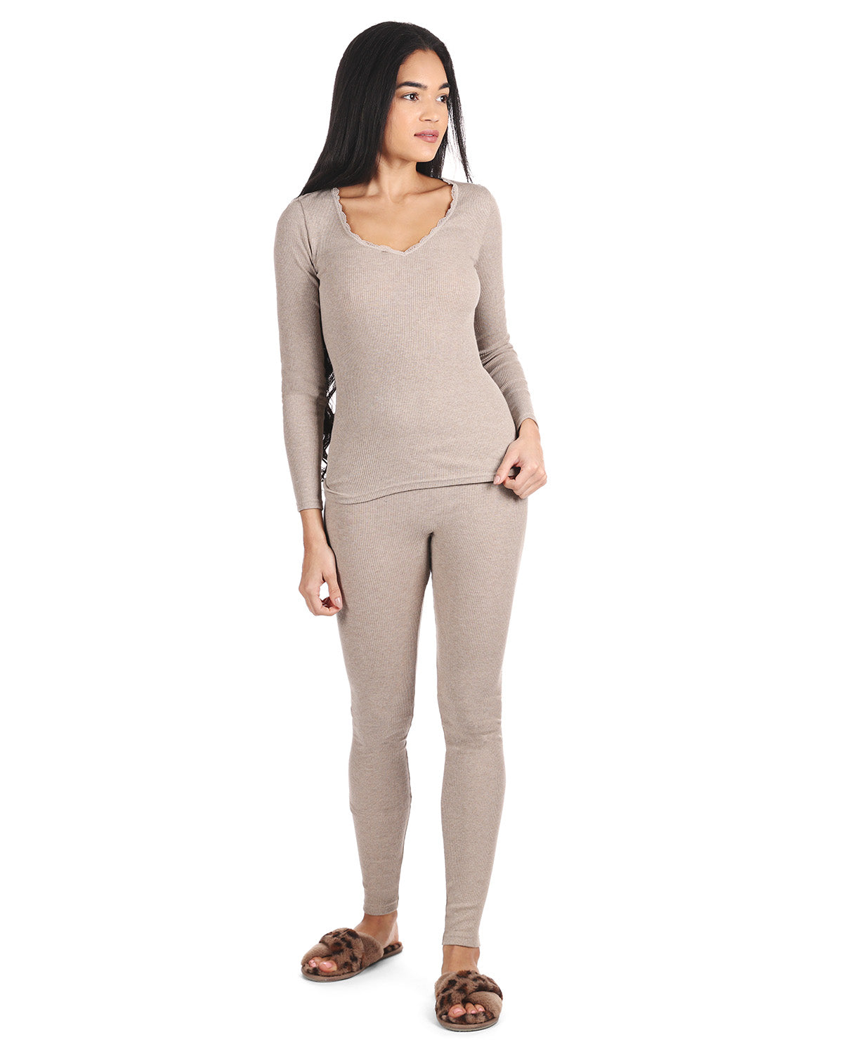 Women's Organic Cotton Seamless Rib Lace Long Sleeve Top : Color: Beige Heather