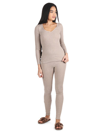 Women's Organic Cotton Seamless Rib Lace Long Sleeve Top : Color: Beige Heather